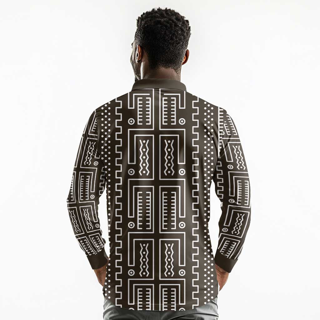 Mali Mud Cloth Bogolanfini Pattern Long Sleeve Polo Shirt - African Pride