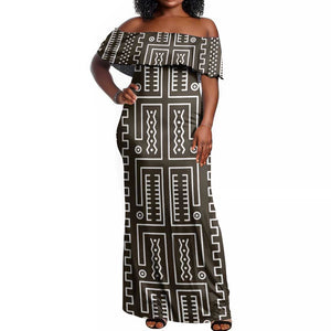 Mali Mud Cloth Bogolanfini Pattern Off Shoulder Maxi Dress - African Pride
