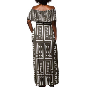 Mali Mud Cloth Bogolanfini Pattern Off Shoulder Maxi Dress - African Pride