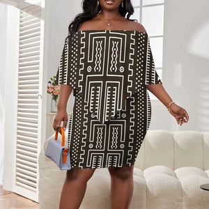 Mali Mud Cloth Bogolanfini Pattern Off Shoulder Short Dress - African Pride