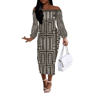 Mali Mud Cloth Bogolanfini Pattern Off The Shoulder Long Sleeve Dress - African Pride