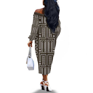 Mali Mud Cloth Bogolanfini Pattern Off The Shoulder Long Sleeve Dress - African Pride