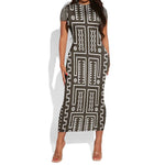 Mali Mud Cloth Bogolanfini Pattern Short Sleeve Bodycon Dress - African Pride