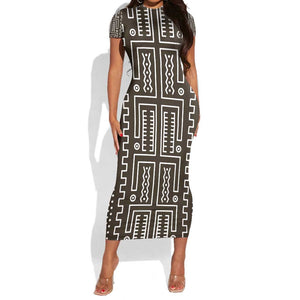 Mali Mud Cloth Bogolanfini Pattern Short Sleeve Bodycon Dress - African Pride