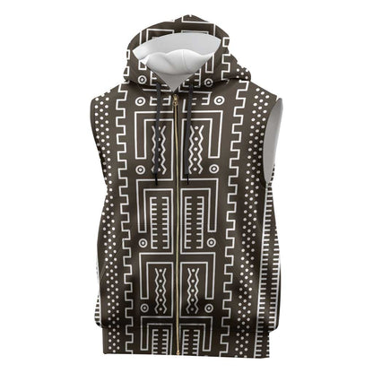 Mali Mud Cloth Bogolanfini Pattern Sleeveless Zip Hoodie - African Pride