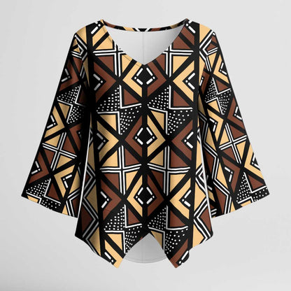 Mali Mud Cloth Legacy Pattern Kimono Sleeve Blouse Ethnic Geometry Style
