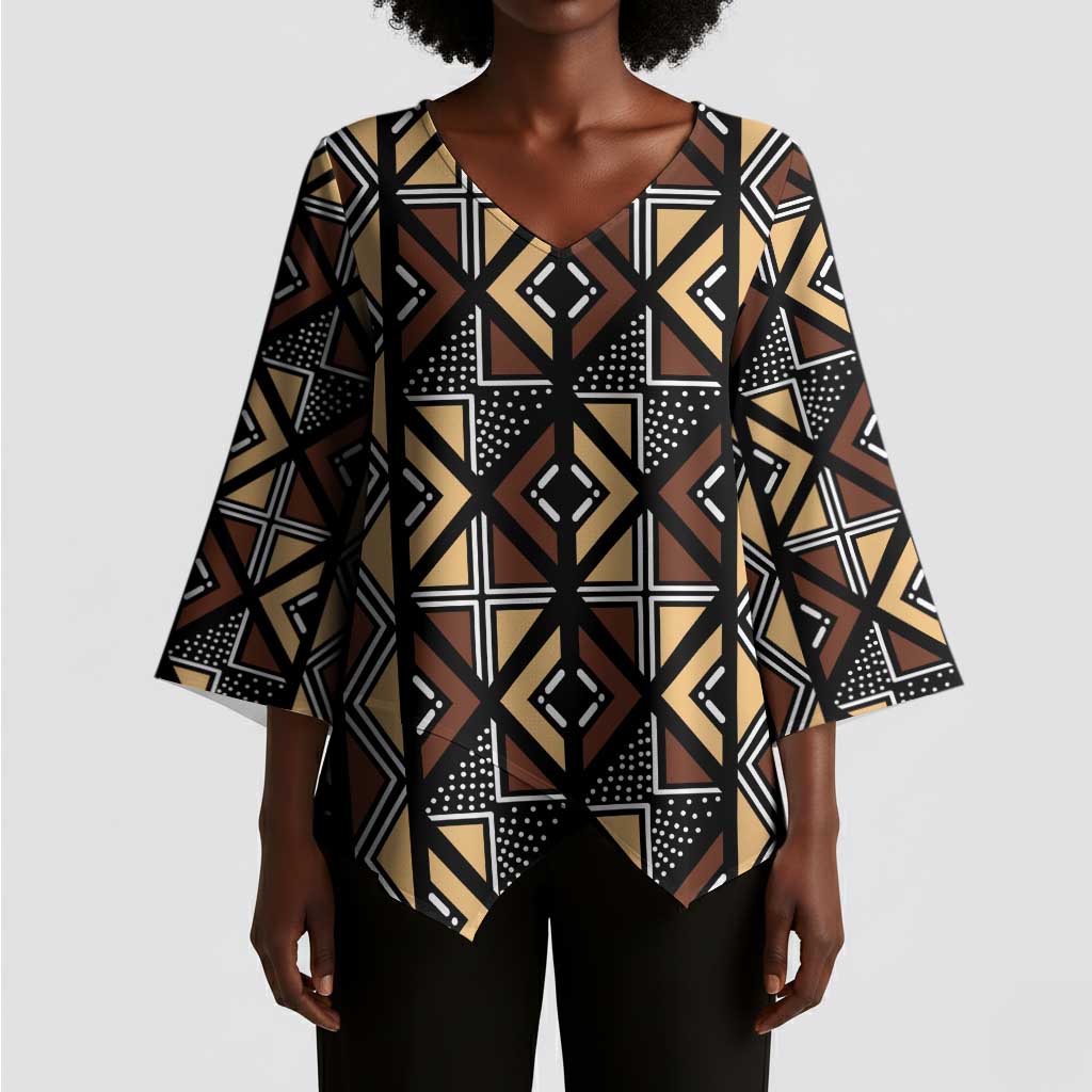 Mali Mud Cloth Legacy Pattern Kimono Sleeve Blouse Ethnic Geometry Style