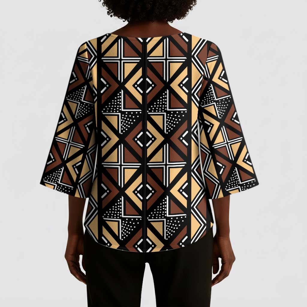 Mali Mud Cloth Legacy Pattern Kimono Sleeve Blouse Ethnic Geometry Style