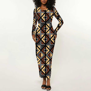 Mali Mud Cloth Legacy Long Sleeve Bodycon Dress African Tribal Pattern - African Pride