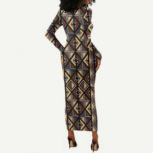 Mali Mud Cloth Legacy Long Sleeve Bodycon Dress African Tribal Pattern - African Pride