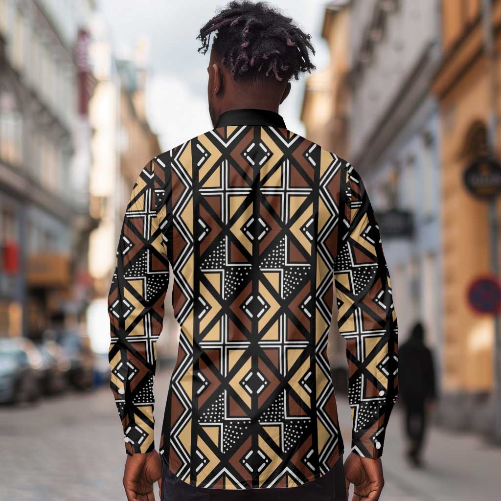 Mali Mud Cloth Legacy Long Sleeve Button Shirt African Tribal Pattern - African Pride