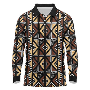 Mali Mud Cloth Legacy Long Sleeve Polo Shirt African Tribal Pattern - African Pride