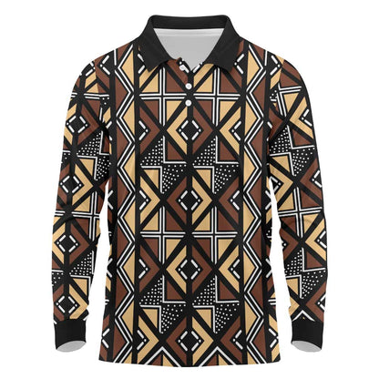 Mali Mud Cloth Legacy Long Sleeve Polo Shirt African Tribal Pattern - African Pride