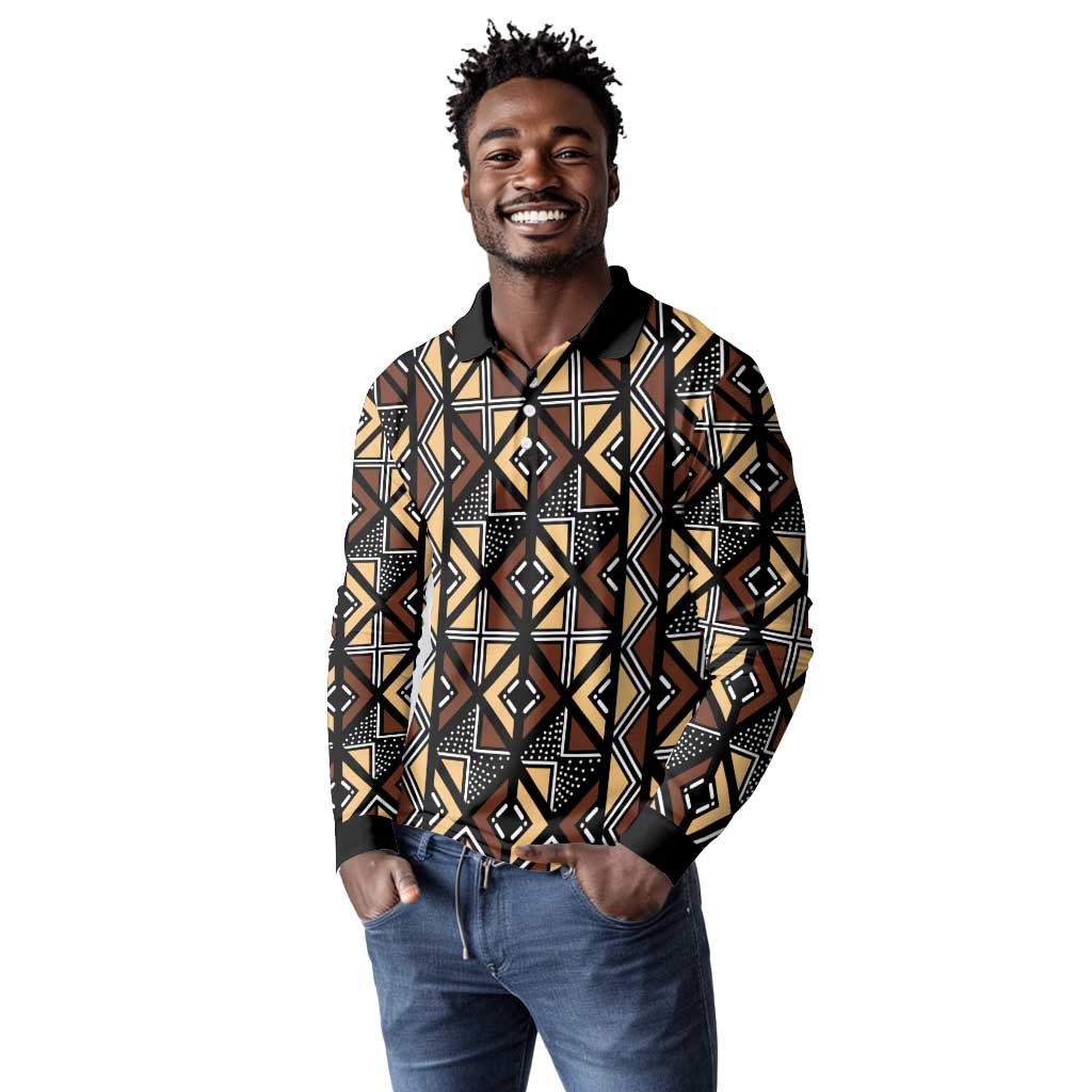 Mali Mud Cloth Legacy Long Sleeve Polo Shirt African Tribal Pattern - African Pride