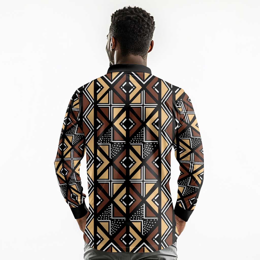 Mali Mud Cloth Legacy Long Sleeve Polo Shirt African Tribal Pattern - African Pride