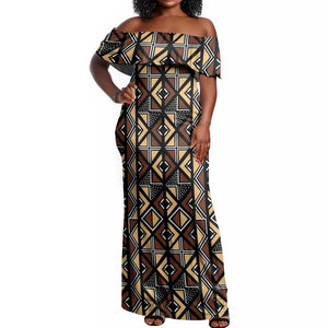 Mali Mud Cloth Legacy Off Shoulder Maxi Dress African Tribal Pattern - African Pride