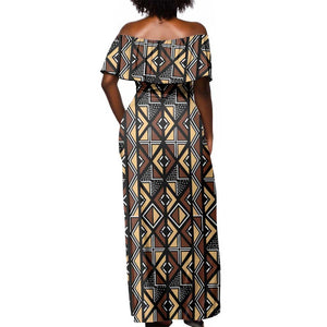 Mali Mud Cloth Legacy Off Shoulder Maxi Dress African Tribal Pattern - African Pride