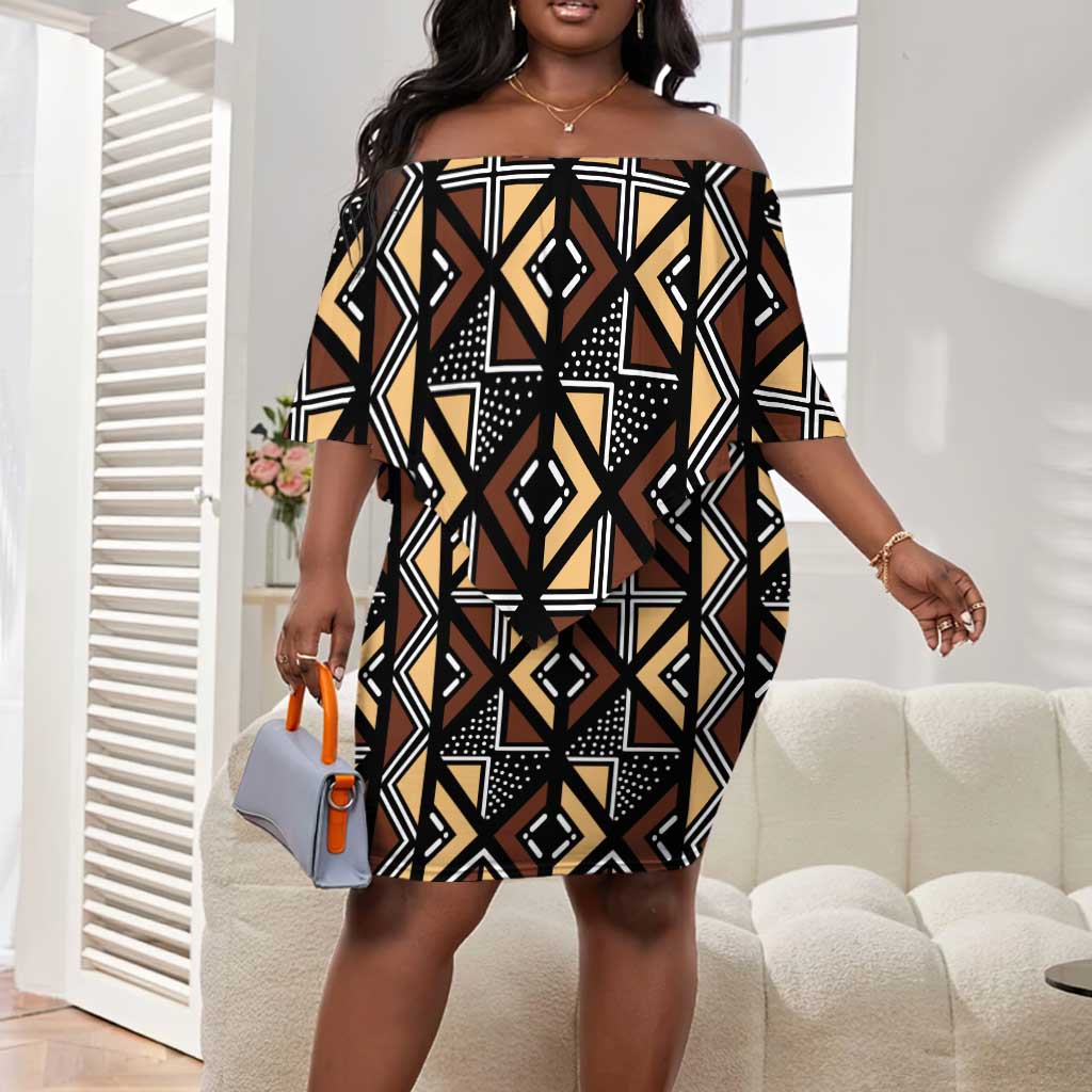 Mali Mud Cloth Legacy Off Shoulder Short Dress African Tribal Pattern - African Pride
