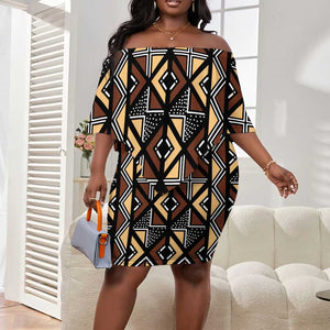 Mali Mud Cloth Legacy Off Shoulder Short Dress African Tribal Pattern - African Pride