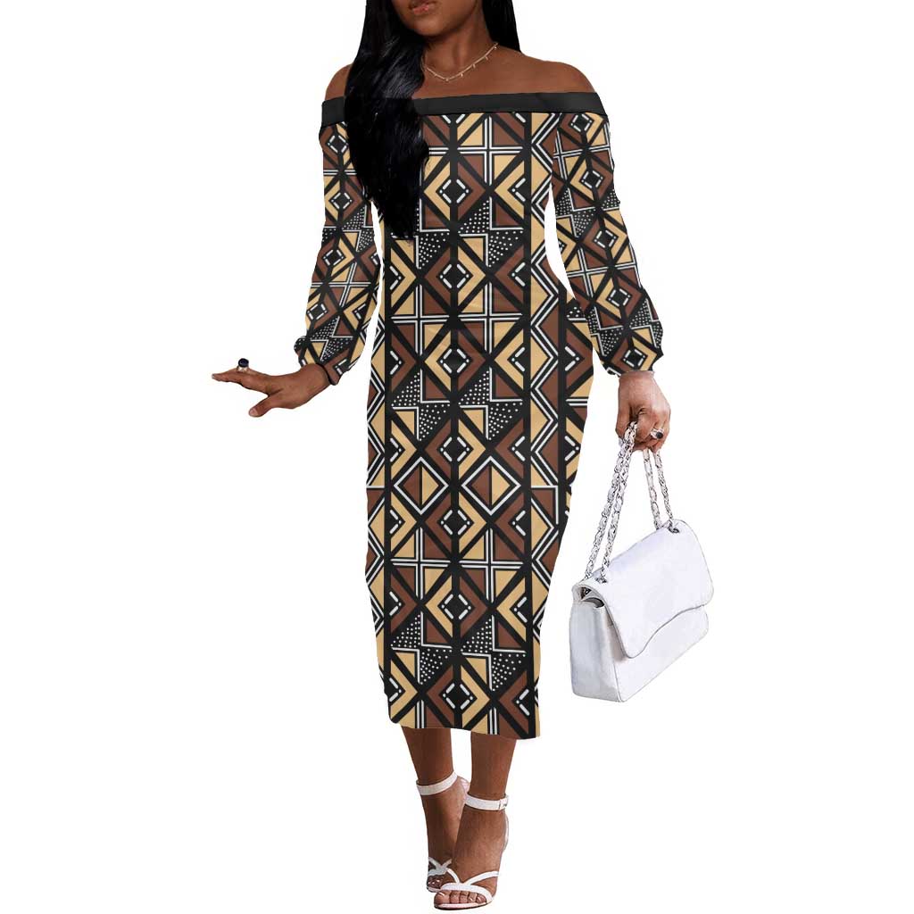 Mali Mud Cloth Legacy Off The Shoulder Long Sleeve Dress African Tribal Pattern - African Pride