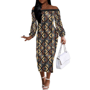 Mali Mud Cloth Legacy Off The Shoulder Long Sleeve Dress African Tribal Pattern - African Pride