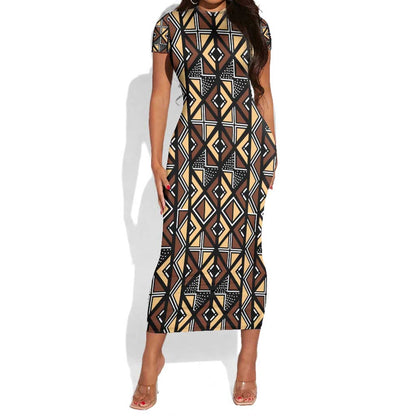 Mali Mud Cloth Legacy Short Sleeve Bodycon Dress African Tribal Pattern - African Pride