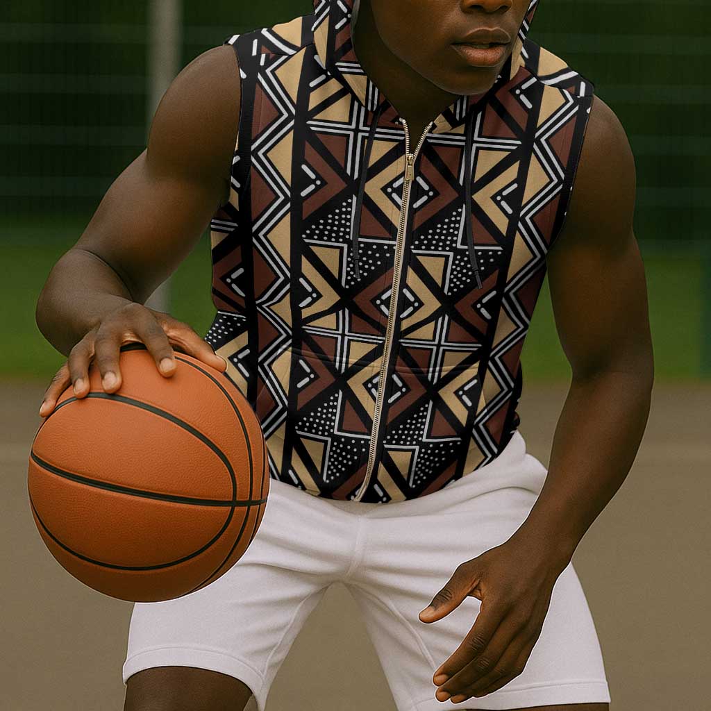 Mali Mud Cloth Legacy Sleeveless Zip Hoodie African Tribal Pattern - African Pride