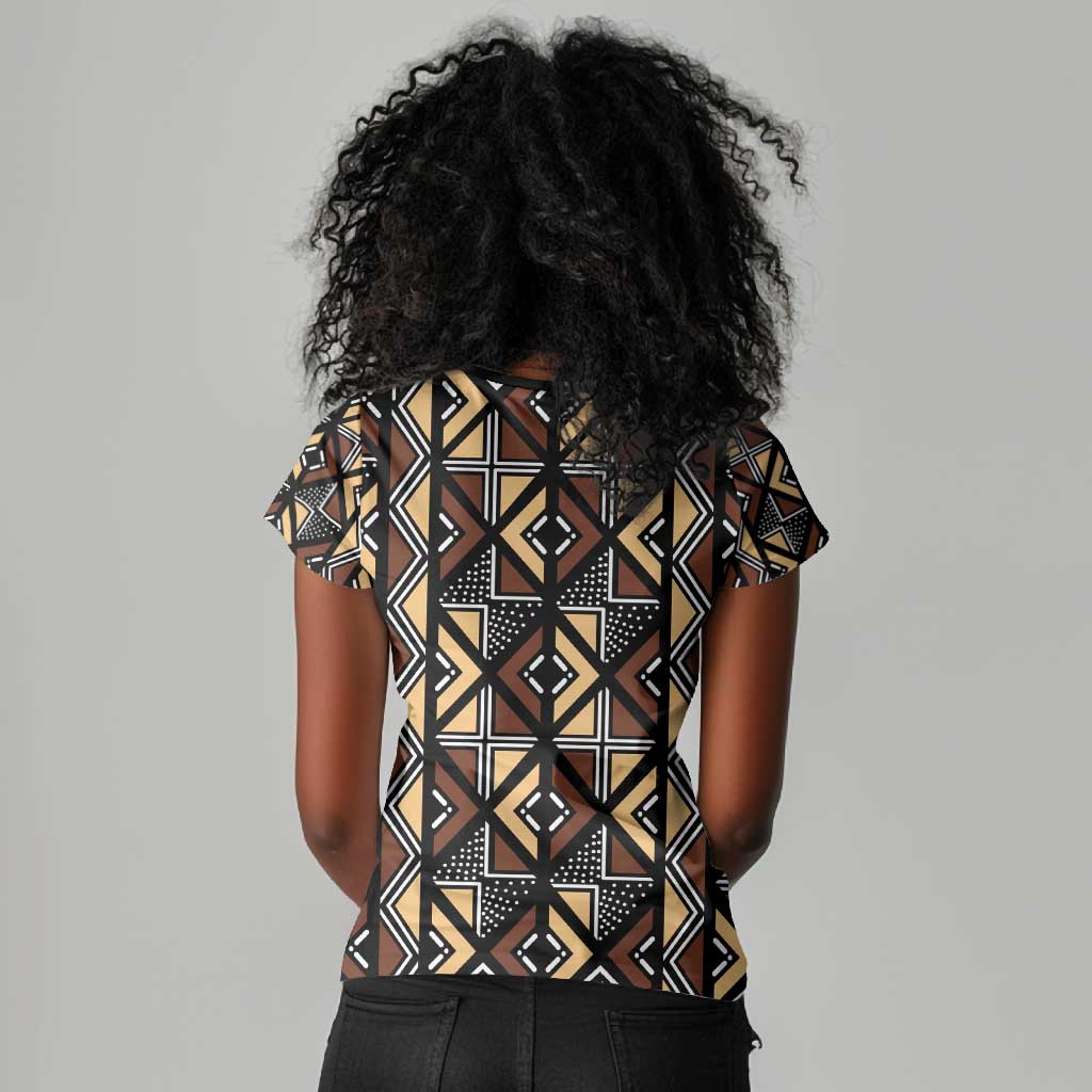 Mali Mud Cloth Legacy Women V-Neck T-Shirt African Tribal Pattern - African Pride