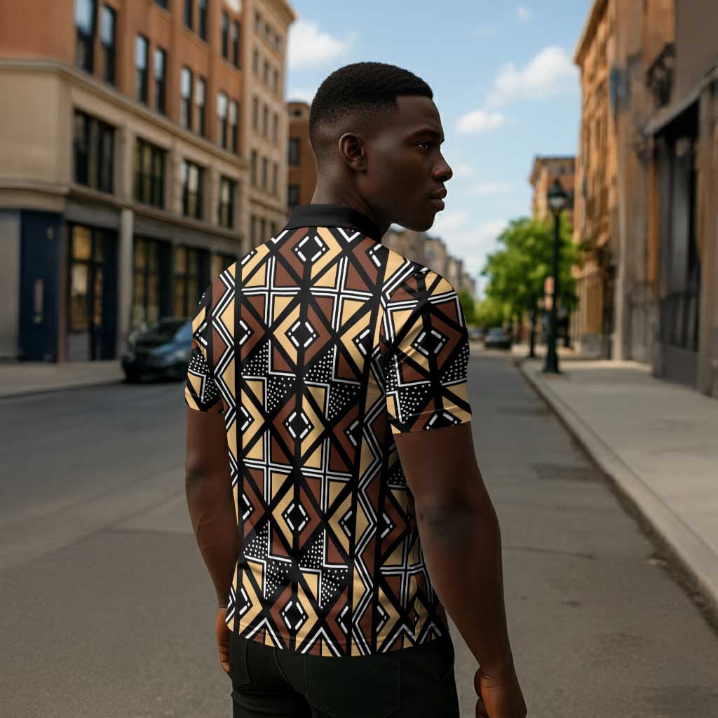Mali Mud Cloth Legacy Pattern Zipper Polo Shirt Ethnic Geometry Style