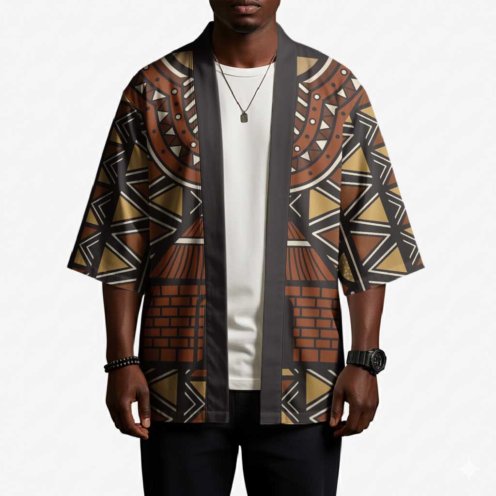 Mali Mud Cloth African Village Kimono Ethnic Geometry Style