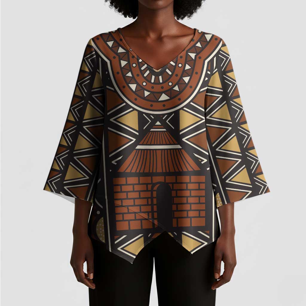 Mali Mud Cloth African Village Kimono Sleeve Blouse Ethnic Geometry Style