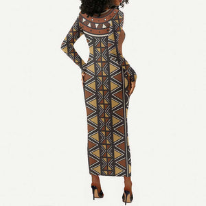 Mali Mud Cloth Village Legacy Long Sleeve Bodycon Dress African Tribal Pattern - African Pride