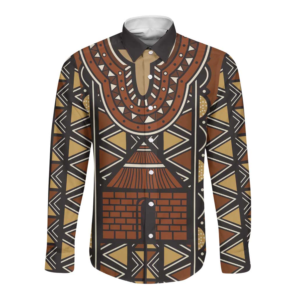 Mali Mud Cloth Village Legacy Long Sleeve Button Shirt African Tribal Pattern - African Pride