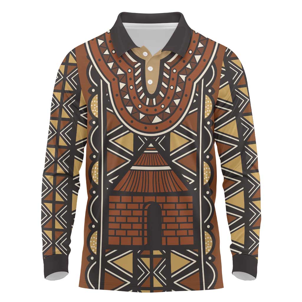 Mali Mud Cloth Village Legacy Long Sleeve Polo Shirt African Tribal Pattern - African Pride