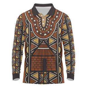 Mali Mud Cloth Village Legacy Long Sleeve Polo Shirt African Tribal Pattern - African Pride