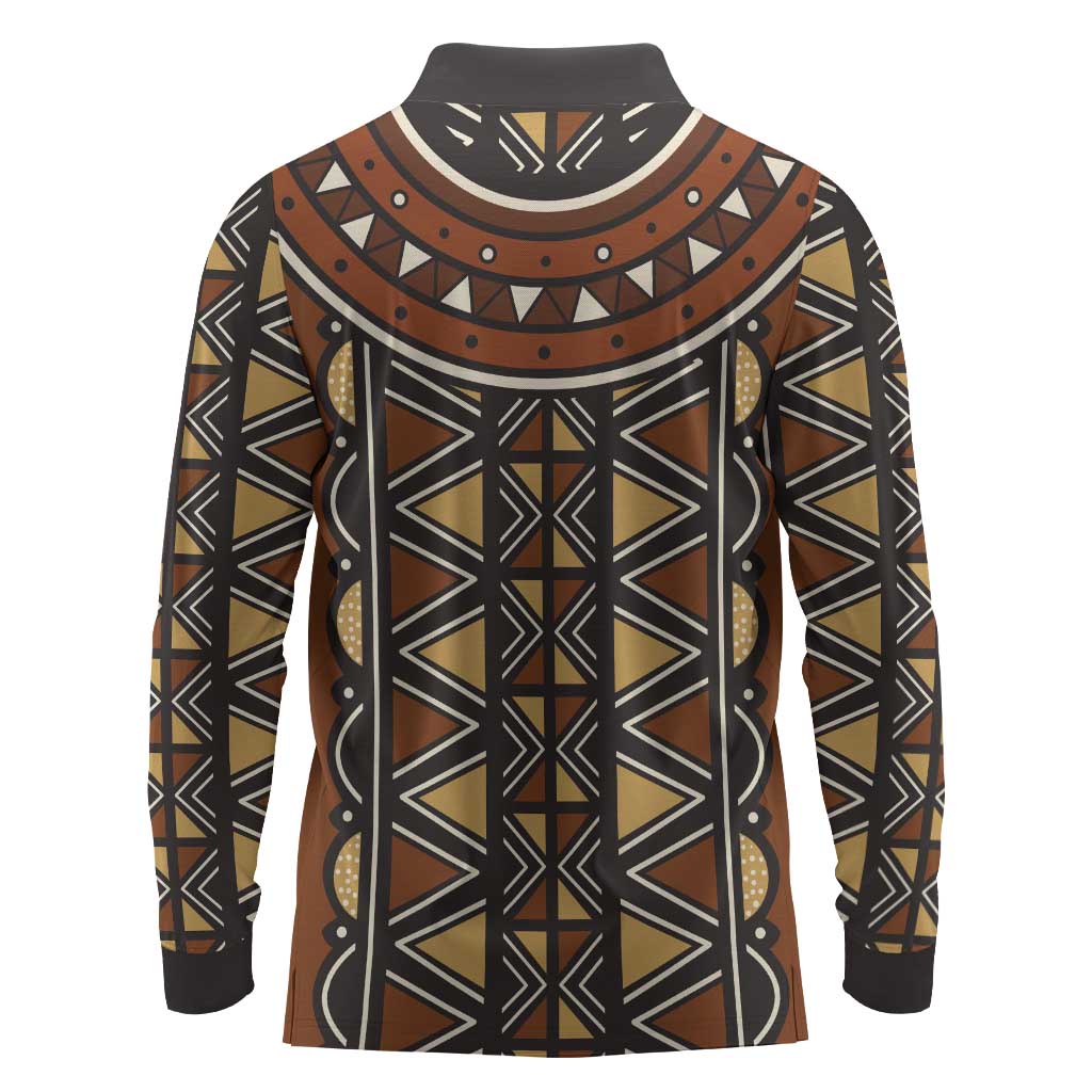 Mali Mud Cloth Village Legacy Long Sleeve Polo Shirt African Tribal Pattern - African Pride
