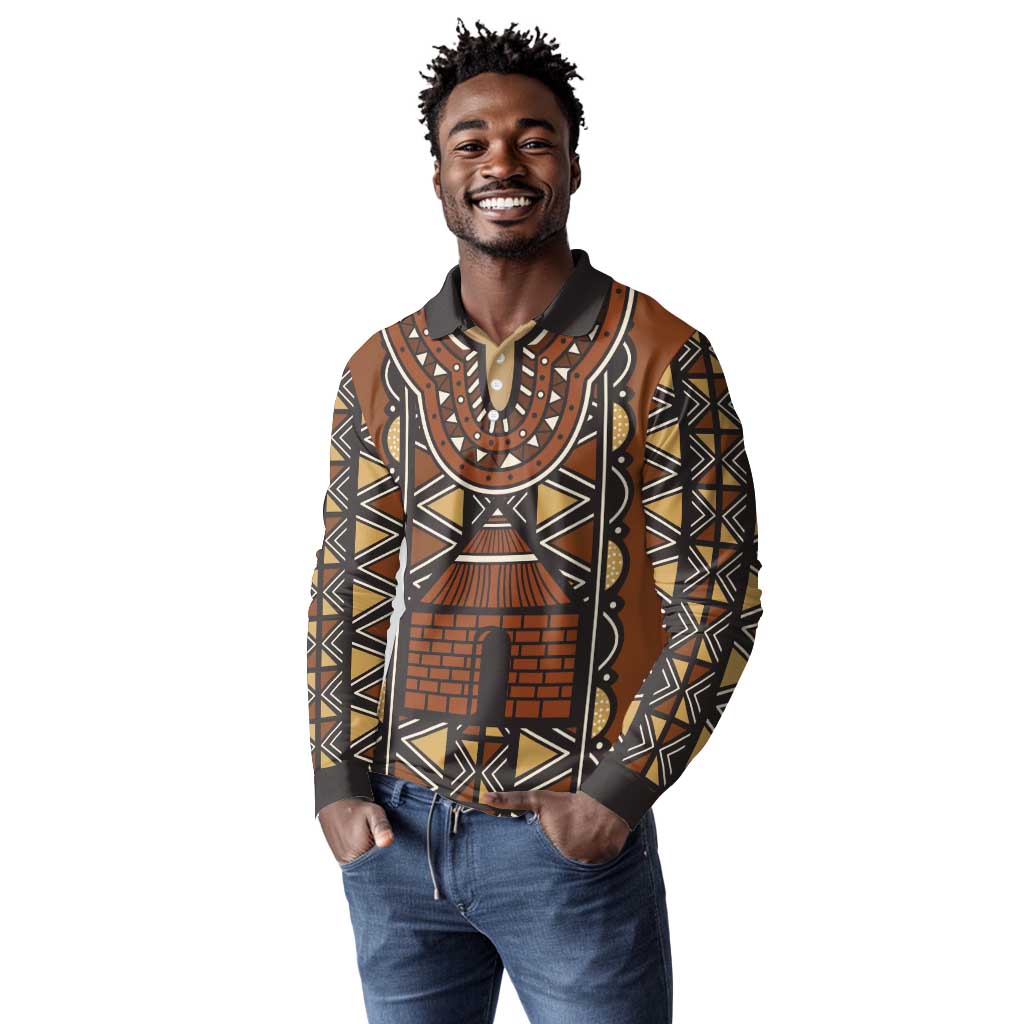 Mali Mud Cloth Village Legacy Long Sleeve Polo Shirt African Tribal Pattern - African Pride