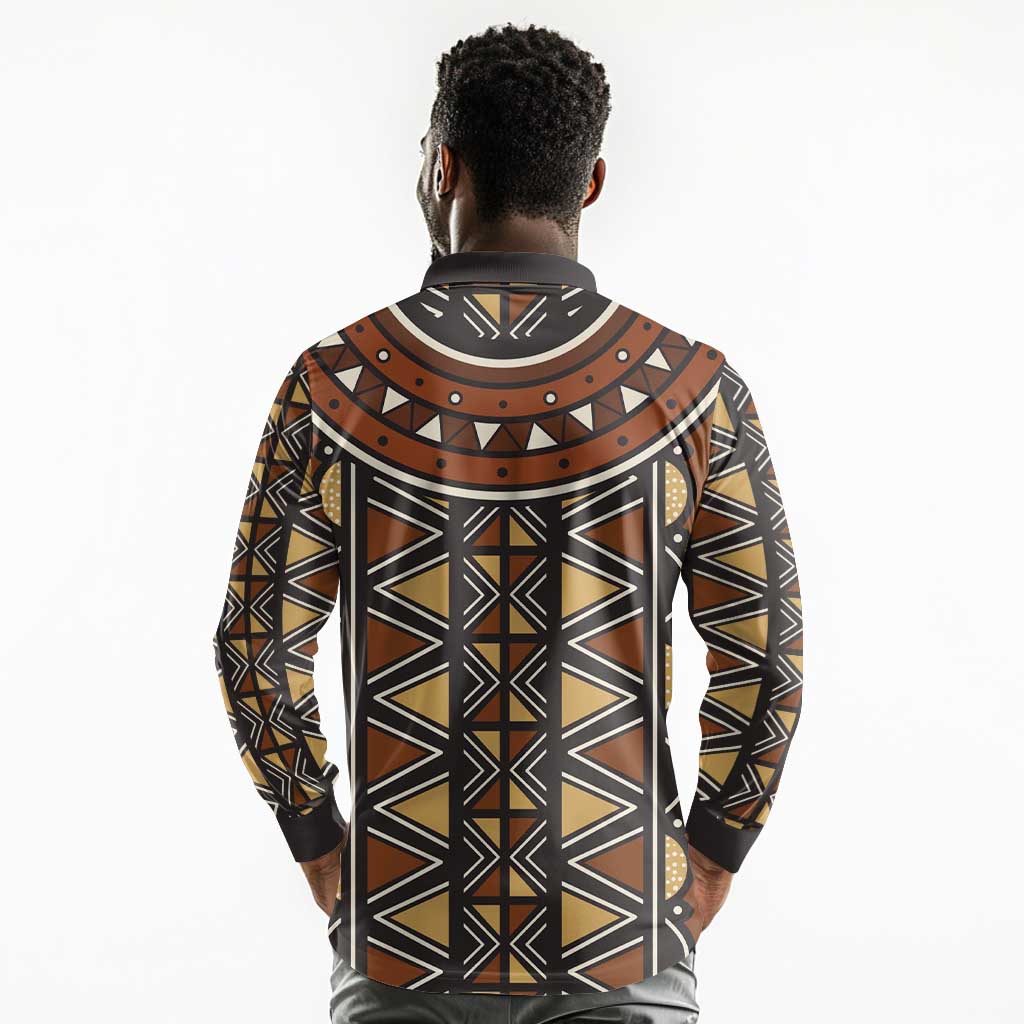 Mali Mud Cloth Village Legacy Long Sleeve Polo Shirt African Tribal Pattern - African Pride