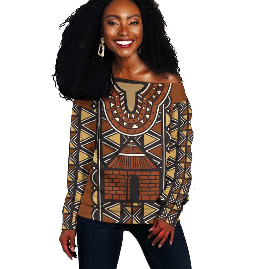 Mali Mud Cloth Village Legacy Off Shoulder Sweater African Tribal Pattern - African Pride