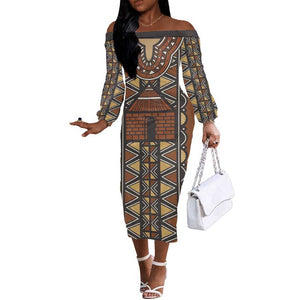 Mali Mud Cloth Village Legacy Off The Shoulder Long Sleeve Dress African Tribal Pattern - African Pride