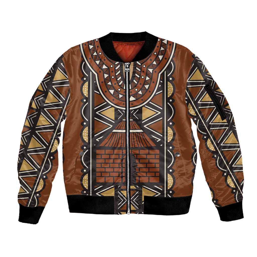 Mali Mud Cloth Village Legacy Sleeve Zip Bomber Jacket African Tribal Pattern - African Pride
