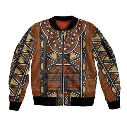 Mali Mud Cloth Village Legacy Sleeve Zip Bomber Jacket African Tribal Pattern - African Pride