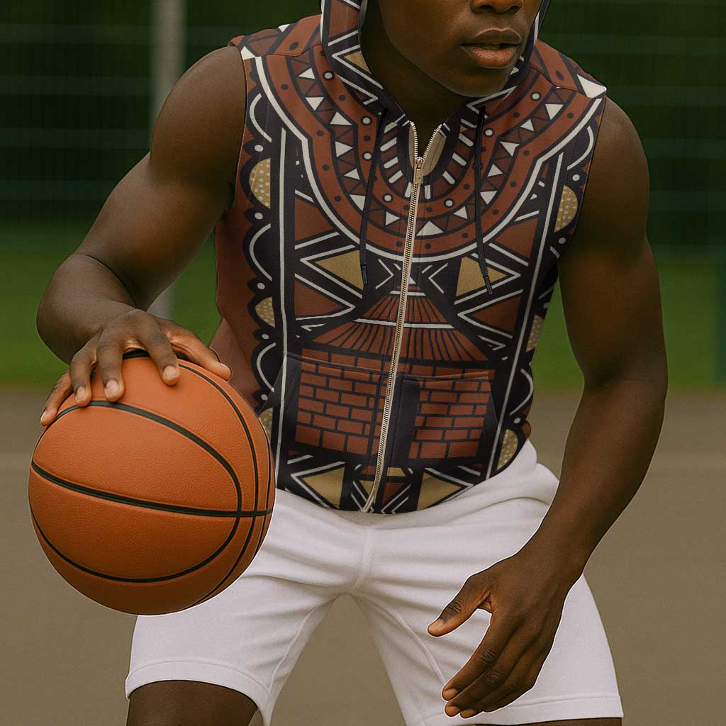 Mali Mud Cloth Village Legacy Sleeveless Zip Hoodie African Tribal Pattern - African Pride