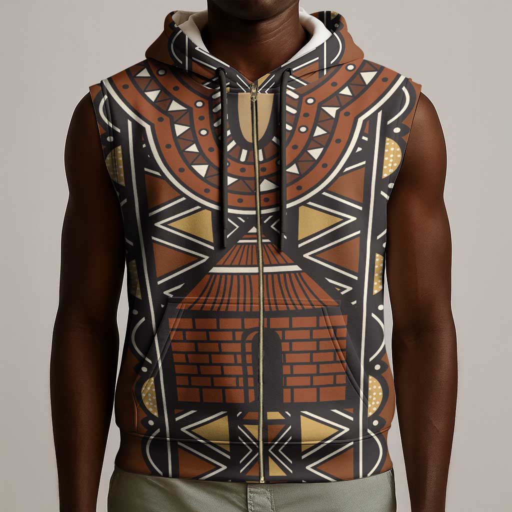 Mali Mud Cloth Village Legacy Sleeveless Zip Hoodie African Tribal Pattern - African Pride