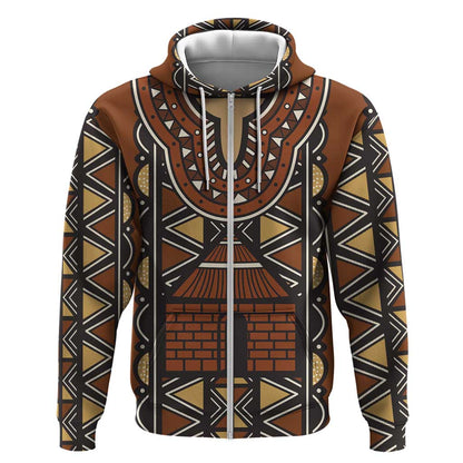 Mali Mud Cloth Village Legacy Zip Hoodie African Tribal Pattern - African Pride
