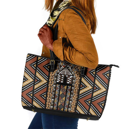 Mali Mud Cloth Leopards Legacy Leather Tote Bag African Tribal Pattern - African Pride