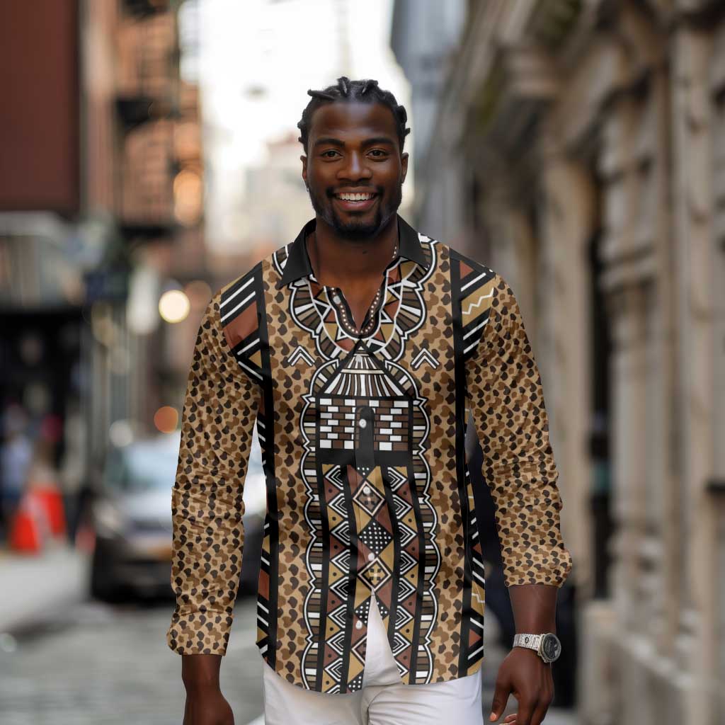 Mali Mud Cloth Leopards Legacy Long Sleeve Button Shirt African Tribal Pattern - African Pride
