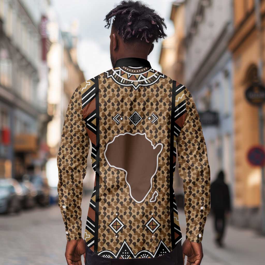 Mali Mud Cloth Leopards Legacy Long Sleeve Button Shirt African Tribal Pattern - African Pride