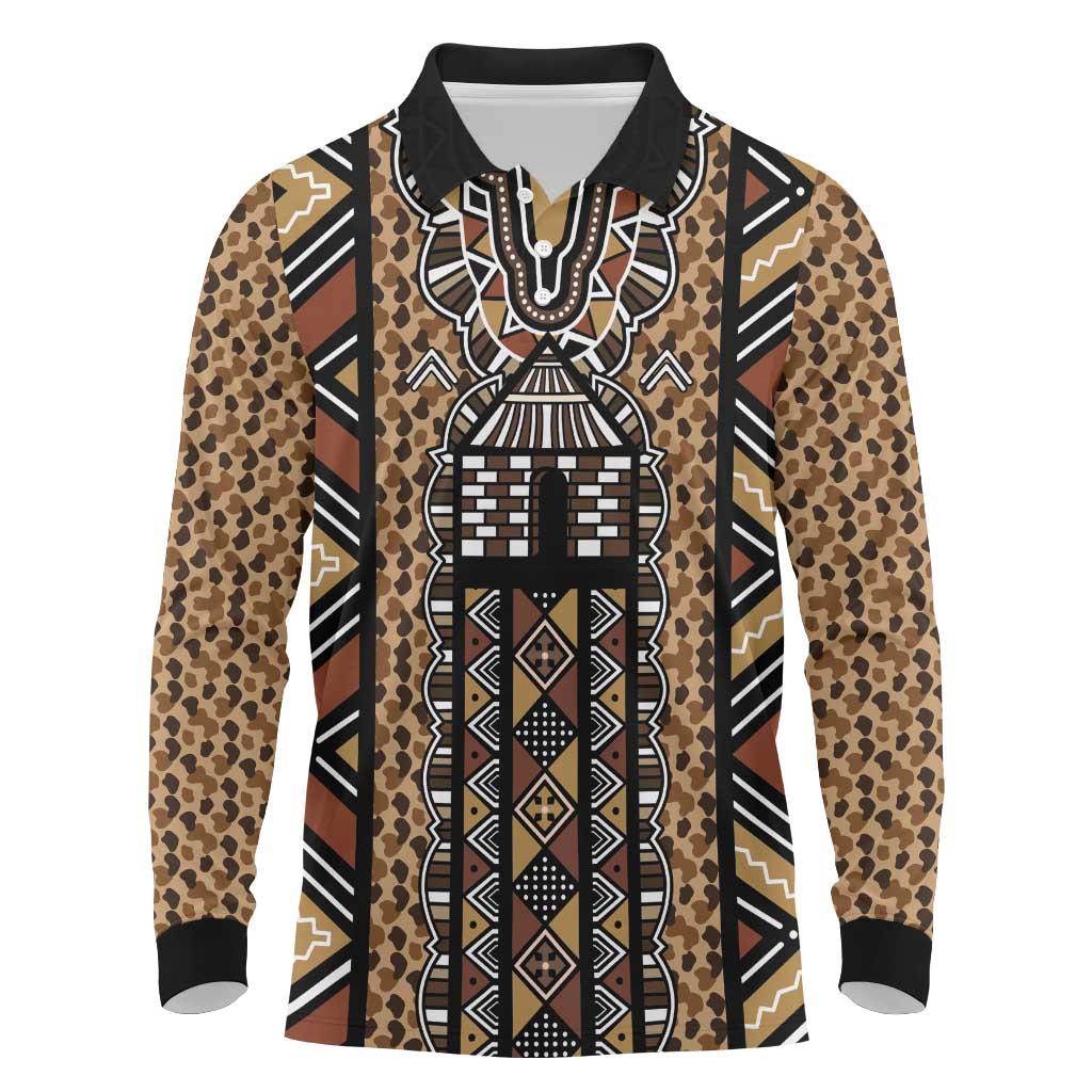 Mali Mud Cloth Leopards Legacy Long Sleeve Polo Shirt African Tribal Pattern - African Pride
