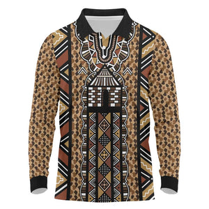 Mali Mud Cloth Leopards Legacy Long Sleeve Polo Shirt African Tribal Pattern - African Pride